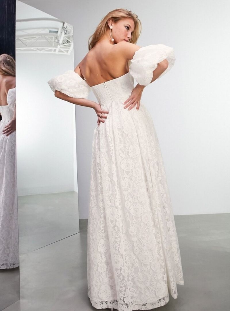CORA LACE OFF SHOULDER WEDDING DRESS WITH PUFF SLEEVE
