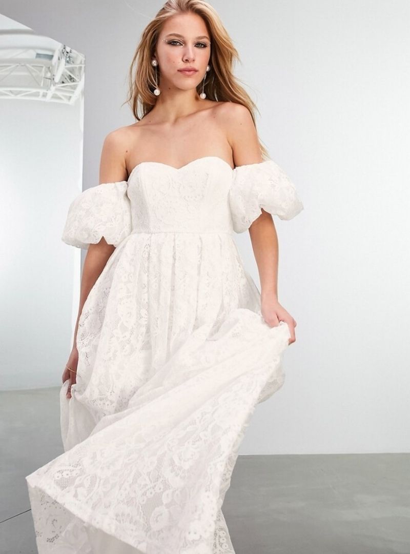 CORA LACE OFF SHOULDER WEDDING DRESS WITH PUFF SLEEVE