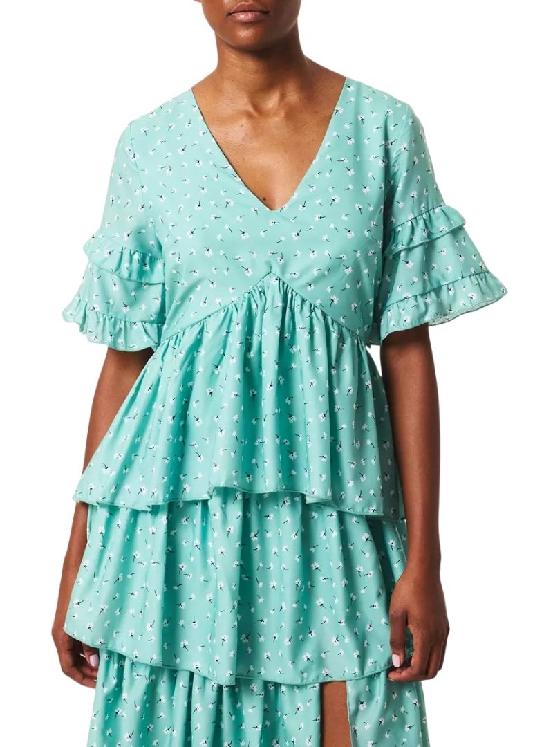 FLORAL SPLIT FRILL MIDI DRESS