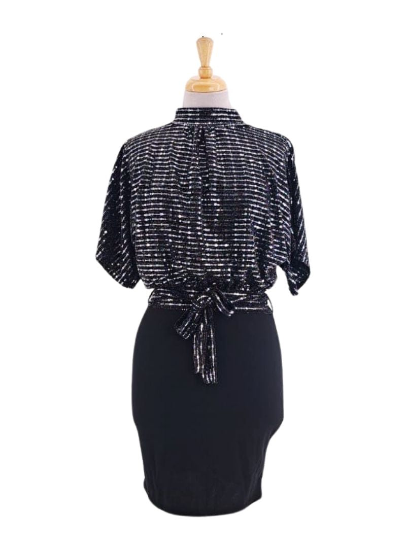 TIE WAIST SEQUIN MIDI DRESS