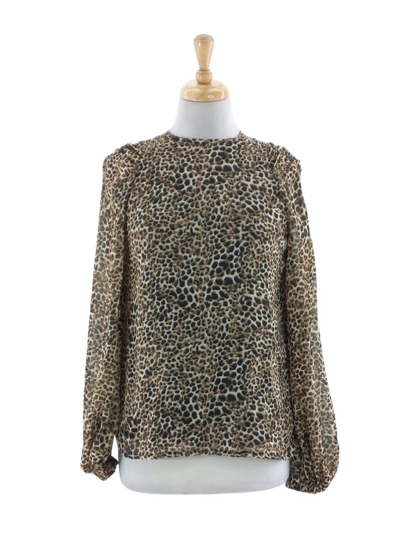 ANIMAL PRINT RUCHED SLEEVE BLOUSE