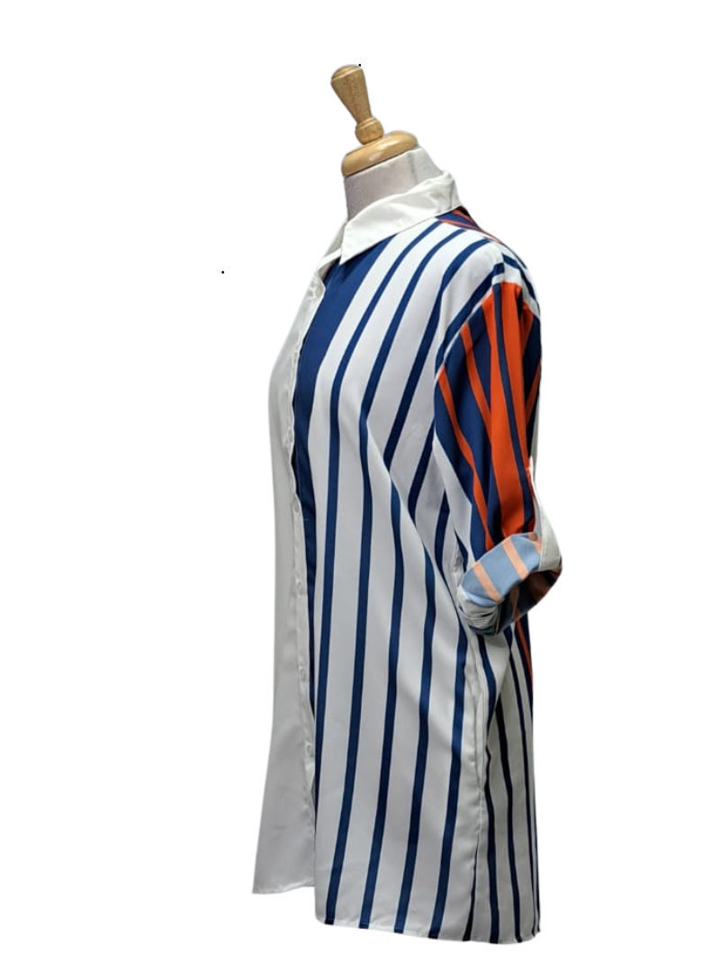 Fulushou Ladies Striped Buttoned shirt - White/Blue