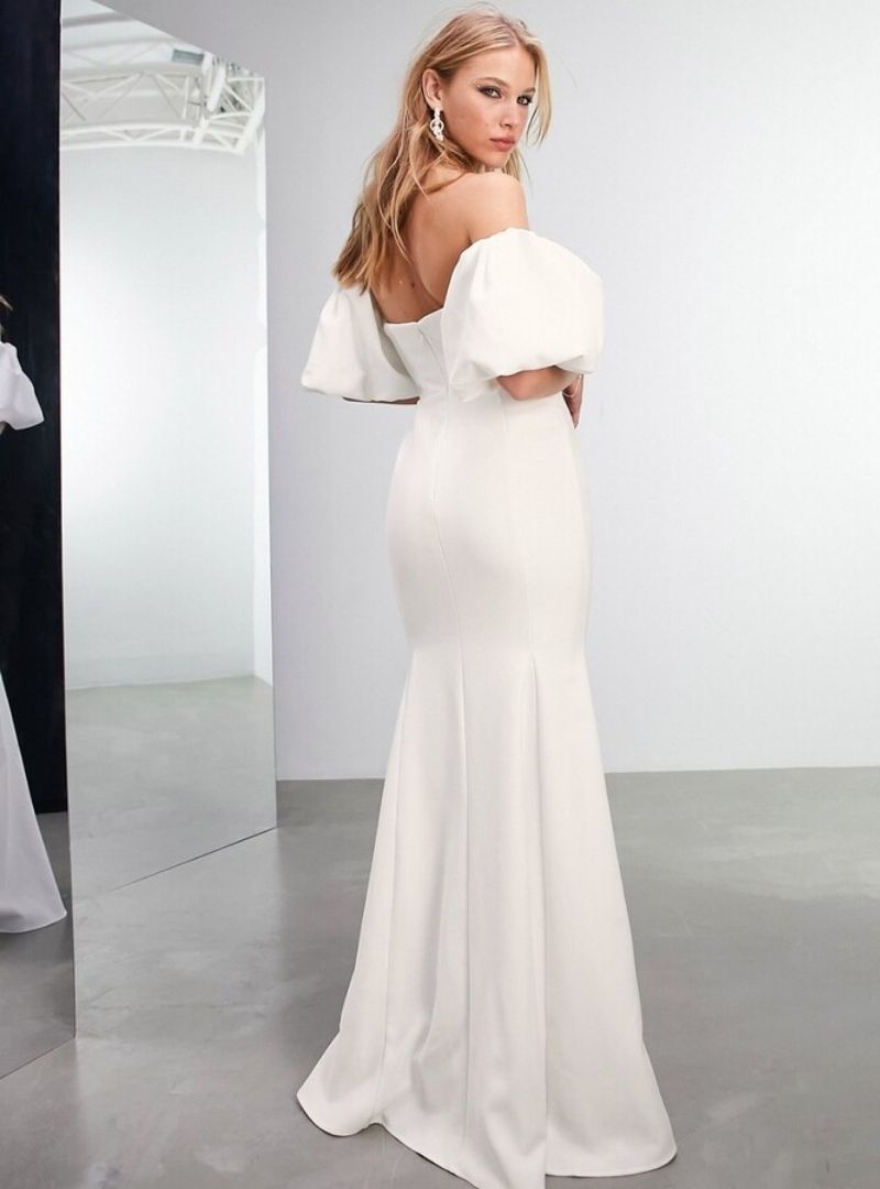 MAISIE OFF THE SHOULDER PUFF SLEEVE CREPE WEDDING DRESS IVORY