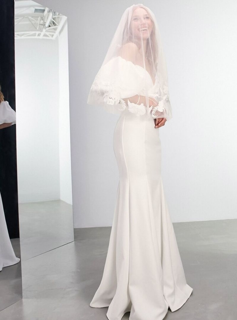 MAISIE OFF THE SHOULDER PUFF SLEEVE CREPE WEDDING DRESS IVORY