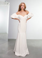 MAISIE OFF THE SHOULDER PUFF SLEEVE CREPE WEDDING DRESS IVORY
