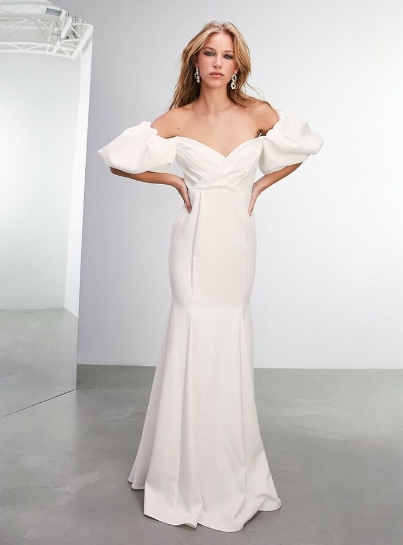 MAISIE OFF THE SHOULDER PUFF SLEEVE CREPE WEDDING DRESS IVORY