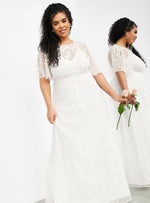 CURVE EMBROIDERED FLUTTER SLEEVE MAXI WEDDING DRESS