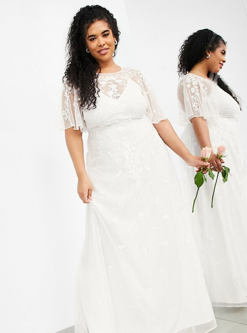 CURVE EMBROIDERED FLUTTER SLEEVE MAXI WEDDING DRESS