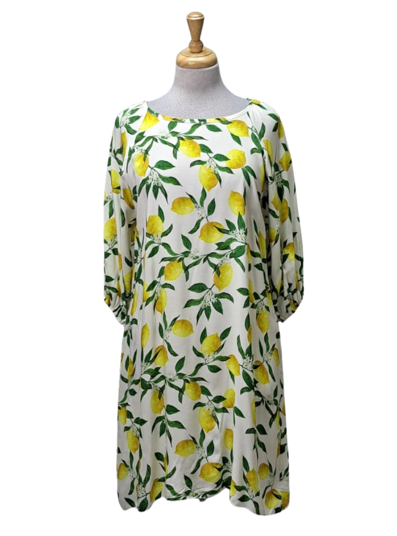 Made In Italy Lemon Printed Wisteria Ladies Dress - White
