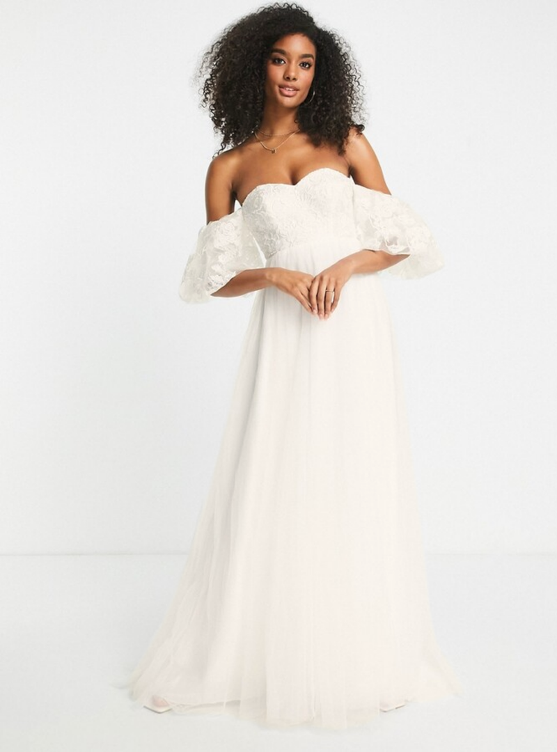 TABITHA EMBROIDERED OFF SHOULDER WEDDING DRESS IVORY