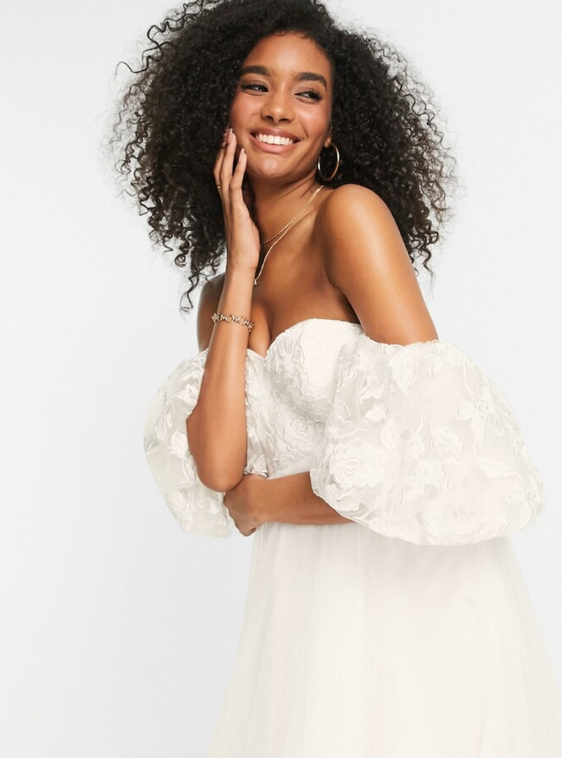 TABITHA EMBROIDERED OFF SHOULDER WEDDING DRESS IVORY
