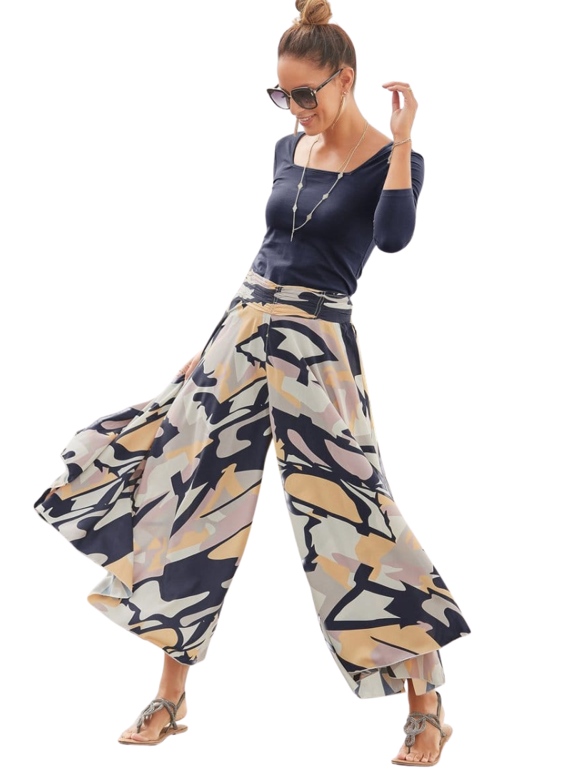 Lascana Ladies Printed Casual Pants - Navy, Yellow, Pink