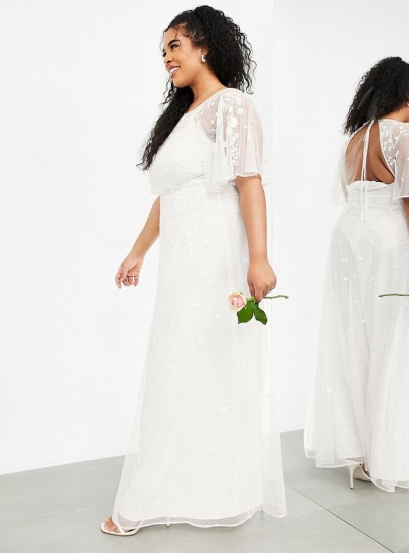 CURVE EMBROIDERED FLUTTER SLEEVE MAXI WEDDING DRESS