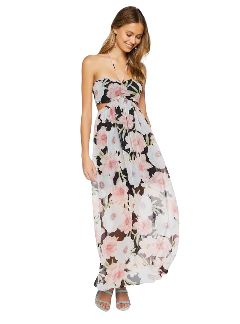 Forever 21 Ladies Floral Strapless Dress - Black/ Pink