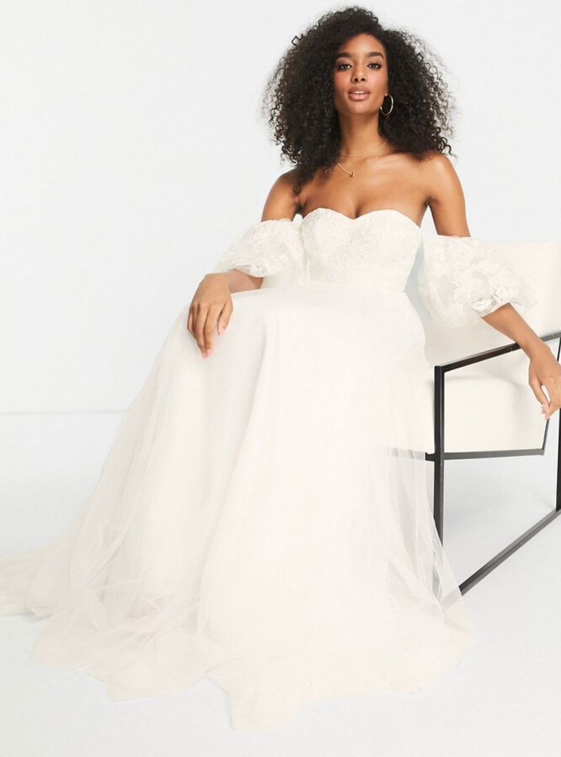 TABITHA EMBROIDERED OFF SHOULDER WEDDING DRESS IVORY