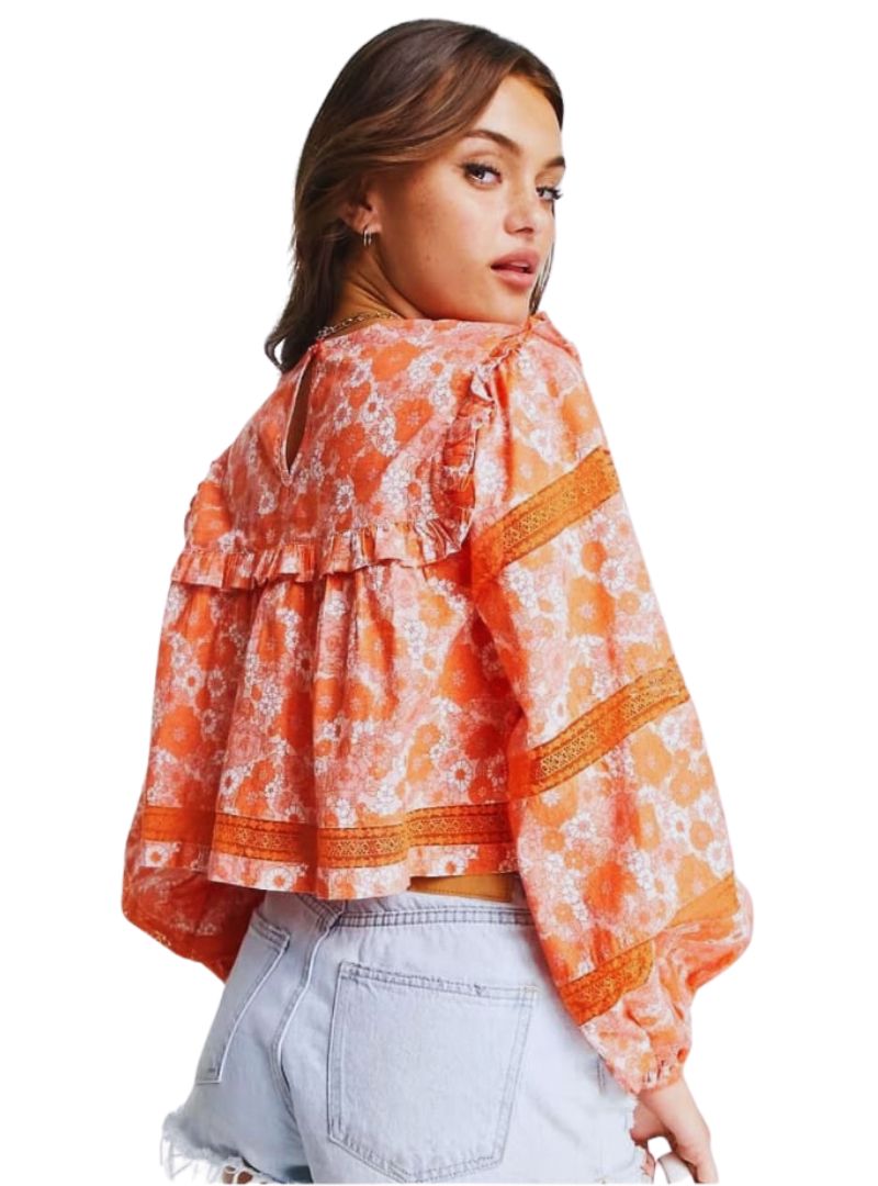 Miss Selfridge Ladies Floral Blouse - Orange/White