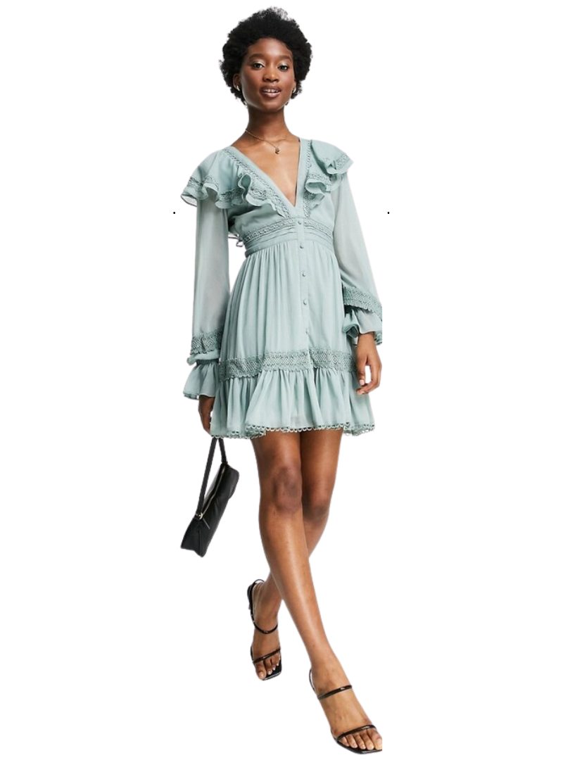 Asos Design Ladies Ruffle Detail Dress - Sage Green