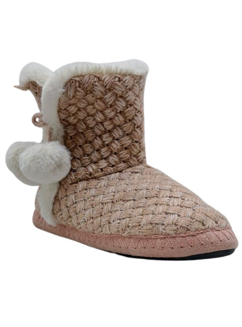 DETAILED KNIT POM POM SLIPPER BOOTS