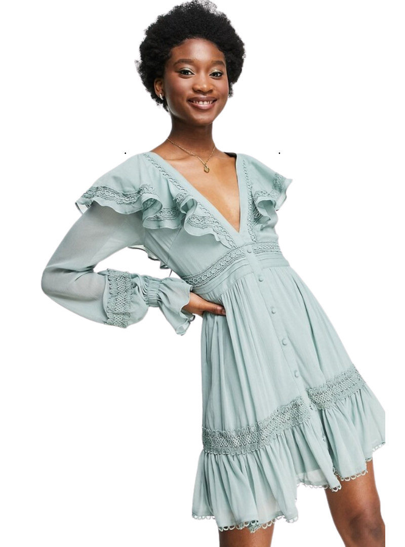 Asos Design Ladies Ruffle Detail Dress - Sage Green