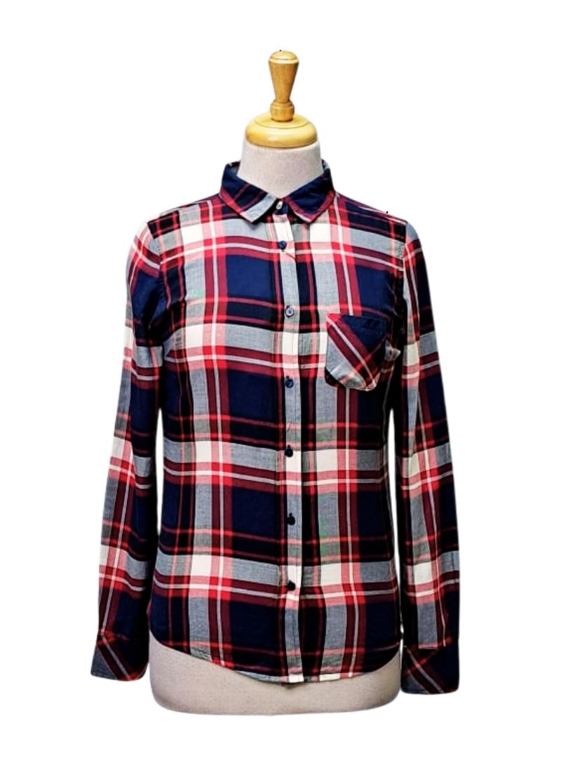 Inside Ladies Check Plaid Long Sleeve Blouse - Red/Navy/White