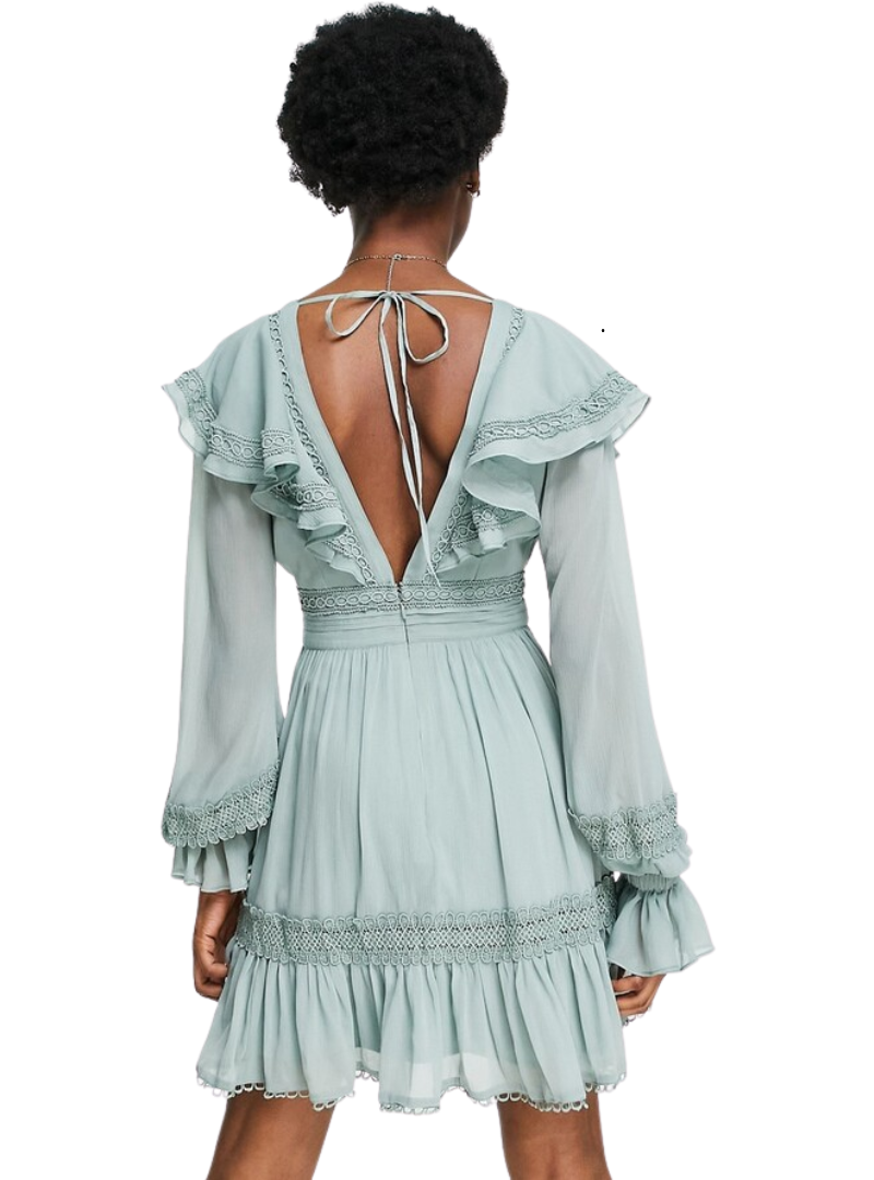 Asos Design Ladies Ruffle Detail Dress - Sage Green