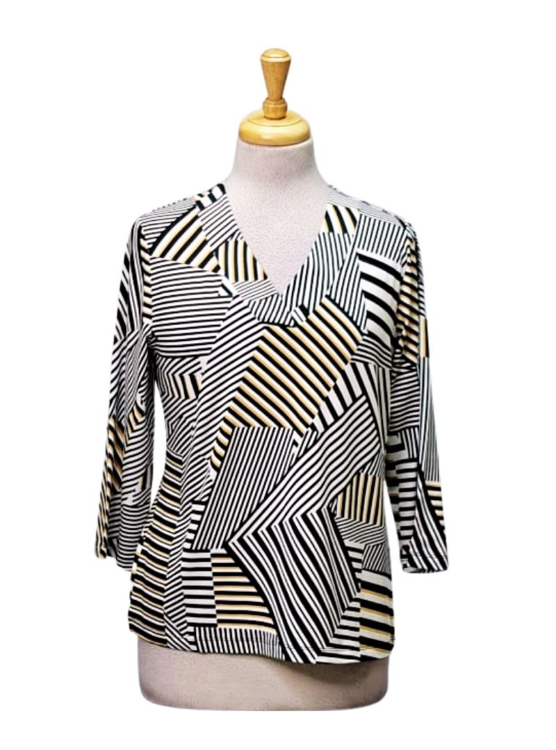 Creation Ladies Printed V Neck Blouse - White/Black/Yellow