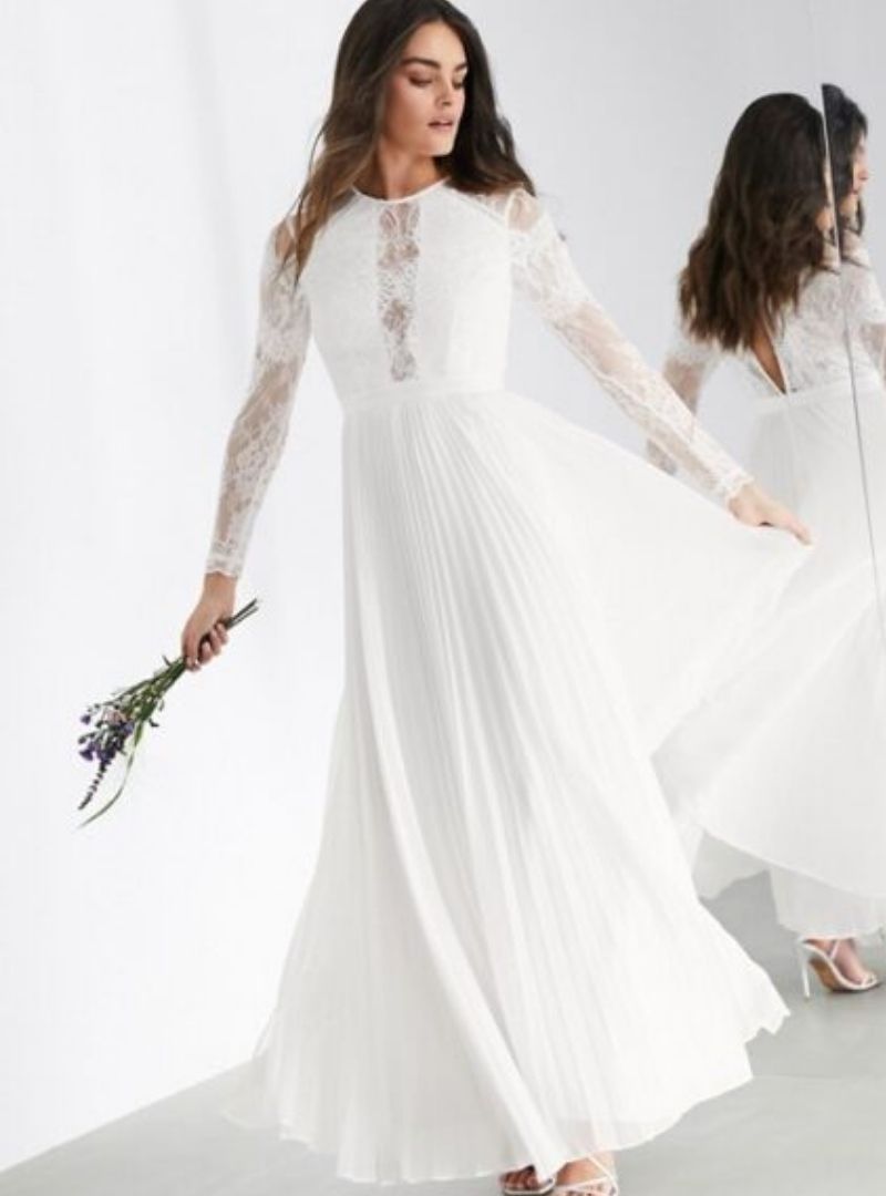 SLEEVE LACE BODICE MAXI WEDDING DRESS PLEATED SKIRT IVORY