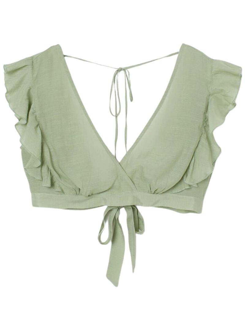 FRILL DETAIL DEEP V-NECK CROP TOP