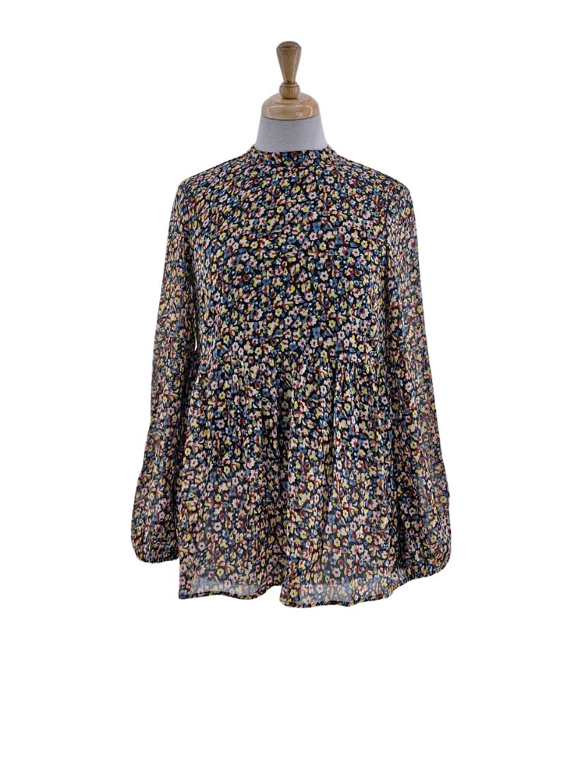 ROUND NECK FLORAL PRINTED LONG SLEEVE BLOUSE