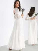 SLEEVE LACE BODICE MAXI WEDDING DRESS PLEATED SKIRT IVORY
