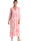 Rainbow Ladies Printed Ruffle Sleeve Dress - Pink/Cream