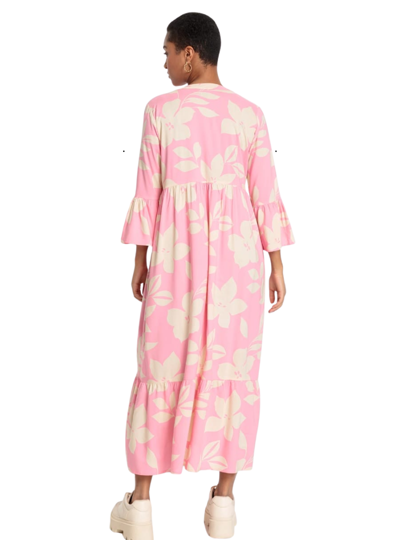 Rainbow Ladies Printed Ruffle Sleeve Dress - Pink/Cream