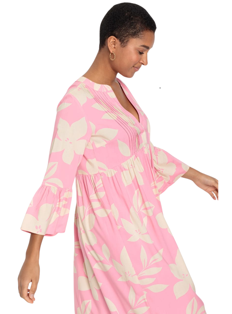 Rainbow Ladies Printed Ruffle Sleeve Dress - Pink/Cream