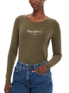 Pepe Jeans Ladies Print Long Sleeve Top - Green/White