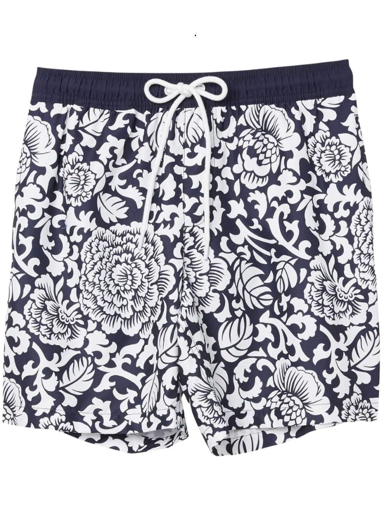 Amazon Essentials Mens Printed Swim Short - Navy/White