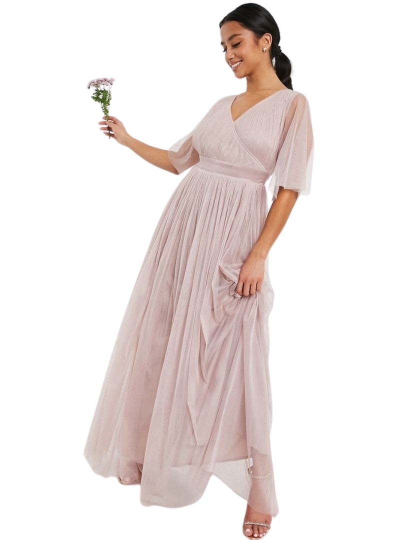 TULLE FLUTTER SLEEVE MAXI DRESS