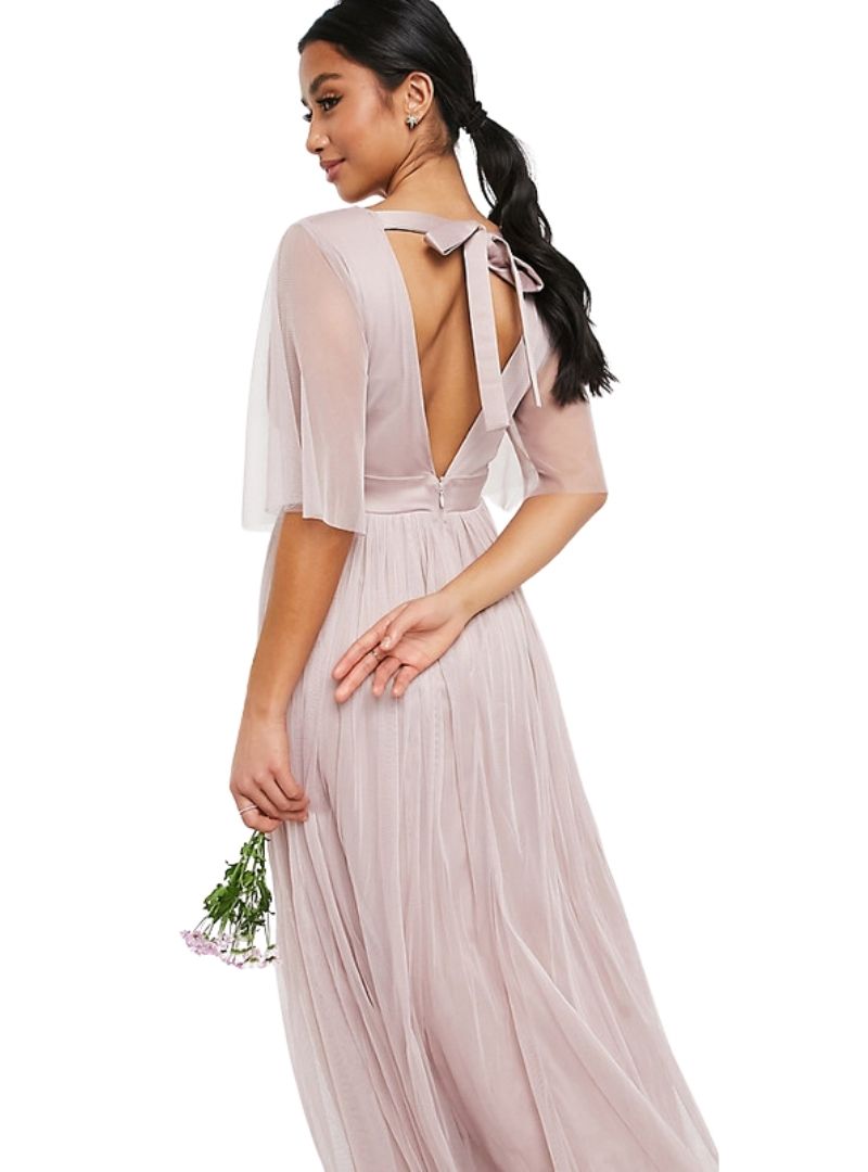 TULLE FLUTTER SLEEVE MAXI DRESS