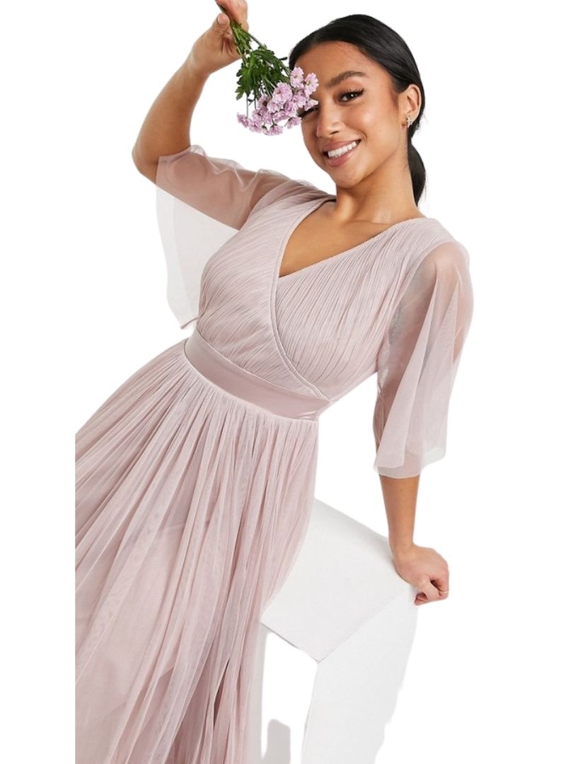 TULLE FLUTTER SLEEVE MAXI DRESS