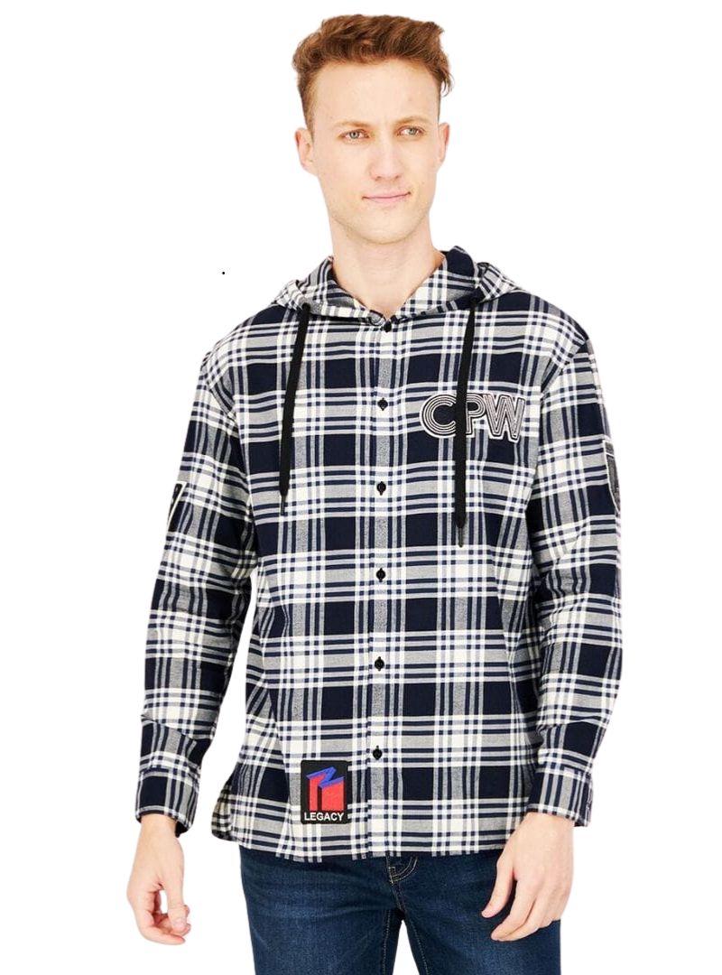 Jack & Jones Mens Checked Hooded Shirt - Navy