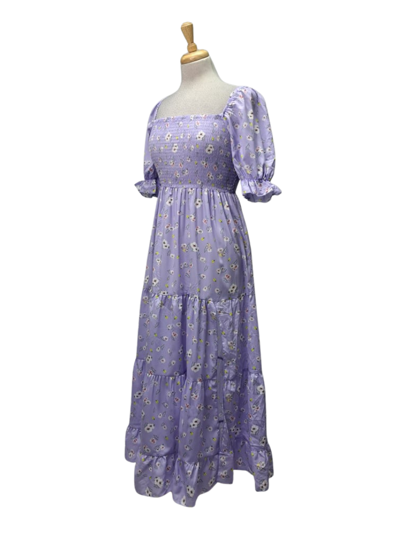 Ladies Floral Puff Sleeve Dress - Purple