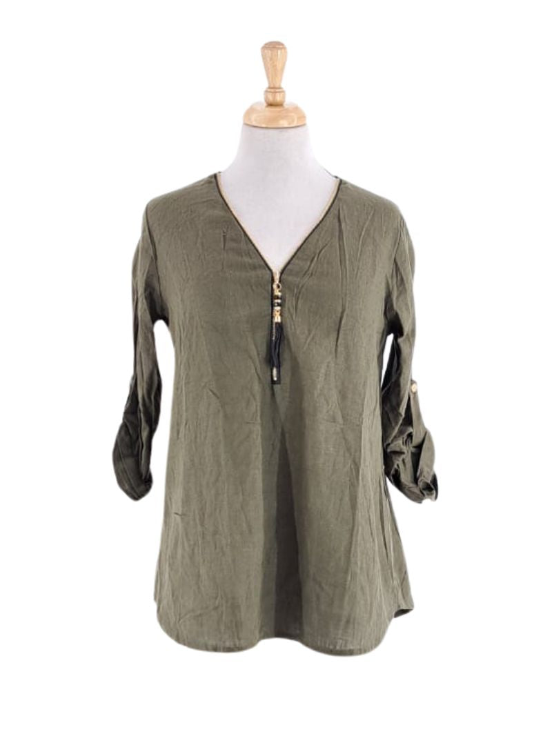 LINEN FEEL ZIP UP BLOUSE