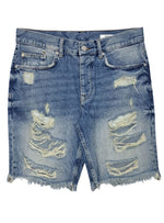 Review Mens Destroyed Denim Bermuda Shorts - Blue