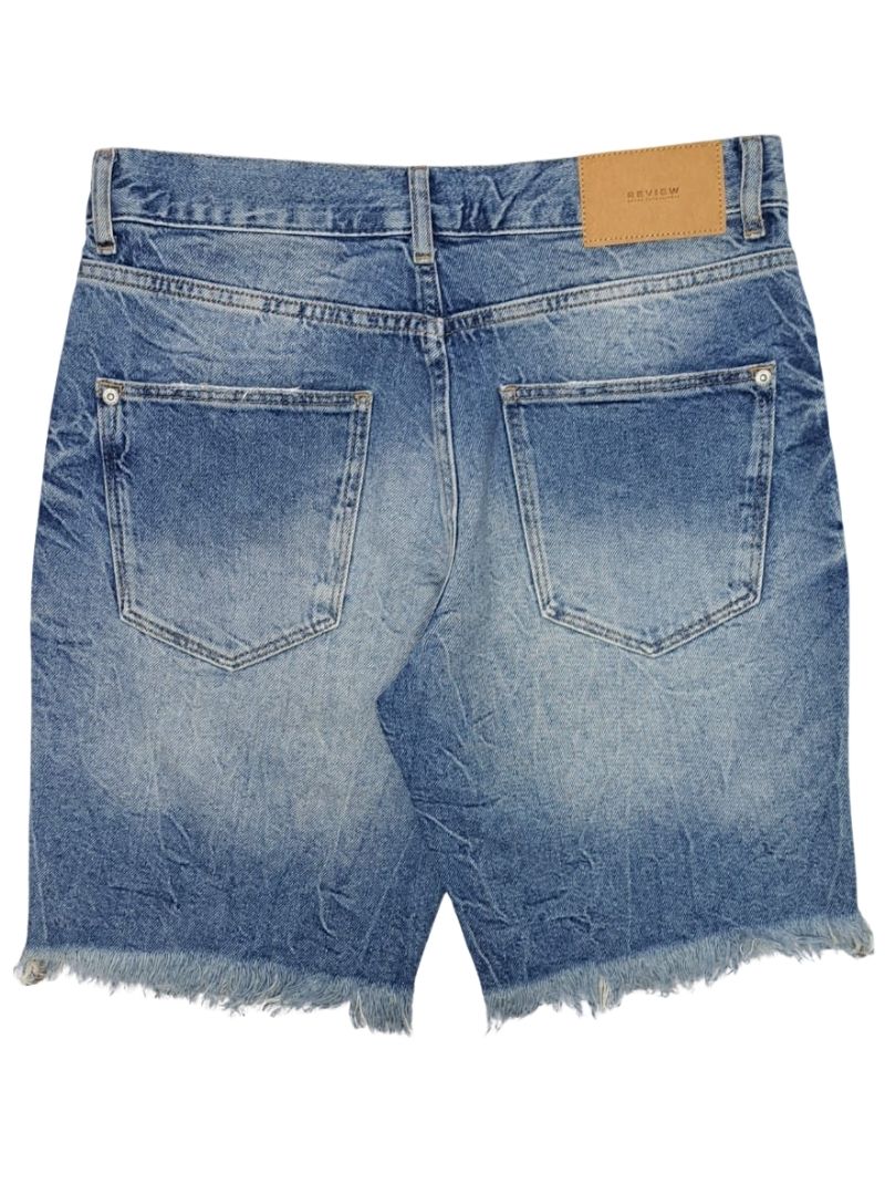Review Mens Destroyed Denim Bermuda Shorts - Blue
