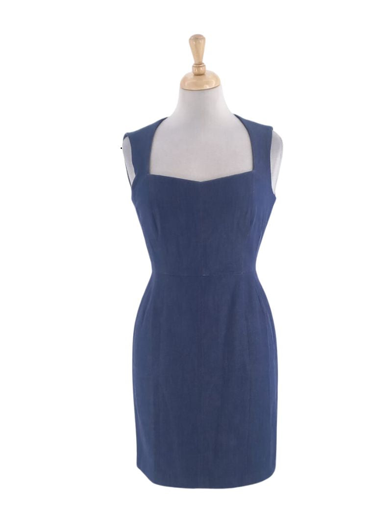 CURVED NECKLINE DENIM FITTED DRESS