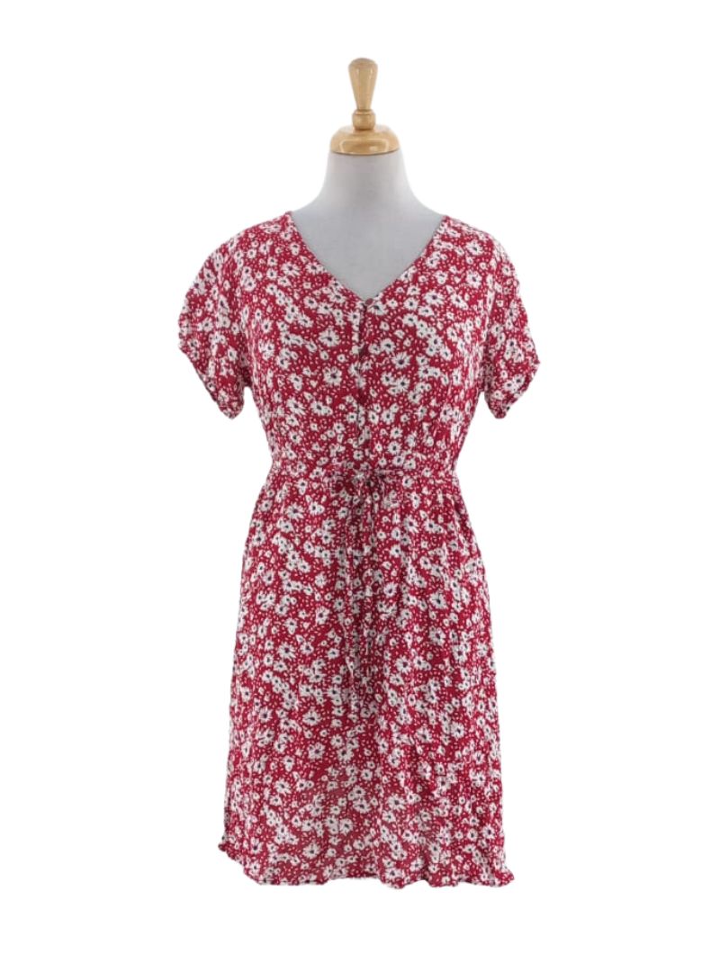 FLORAL LINEN FEEL A-LINE DRESS