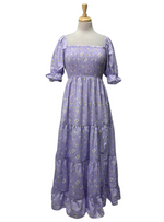 Ladies Floral Puff Sleeve Dress - Purple