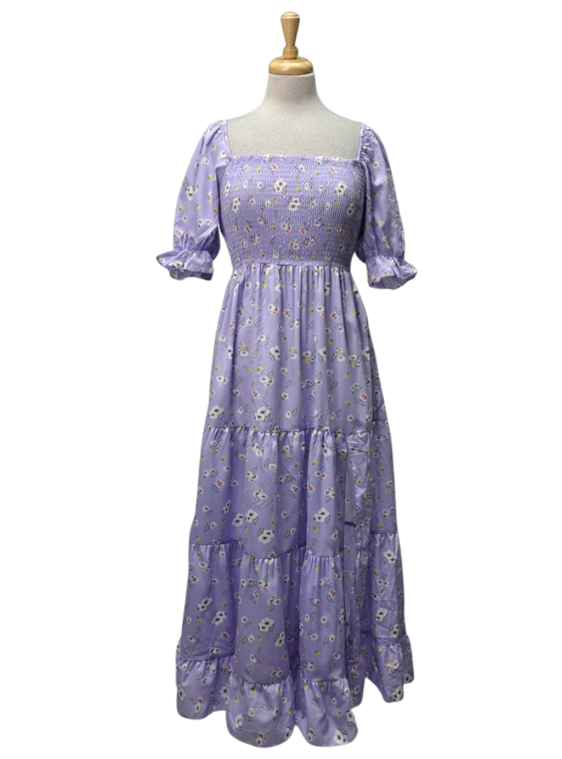 Ladies Floral Puff Sleeve Dress - Purple