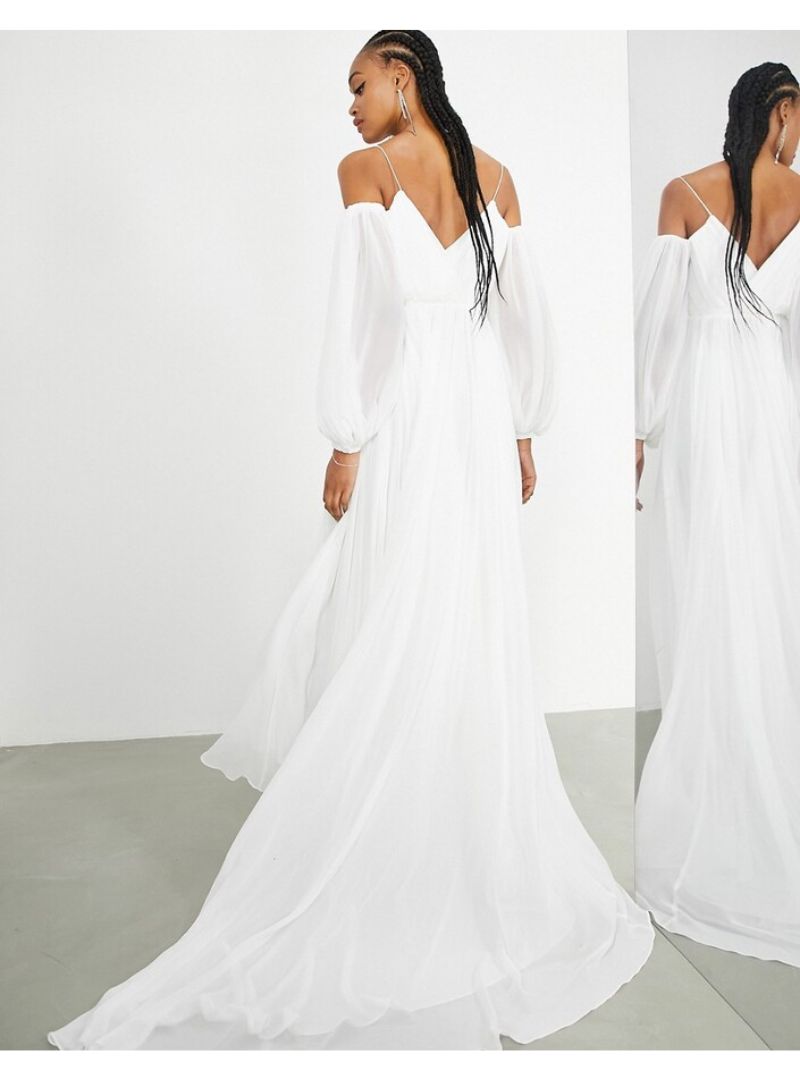 MAYA OFF SHOULDER BLOUSON SLEEVE CHIFFON WEDDING DRESS