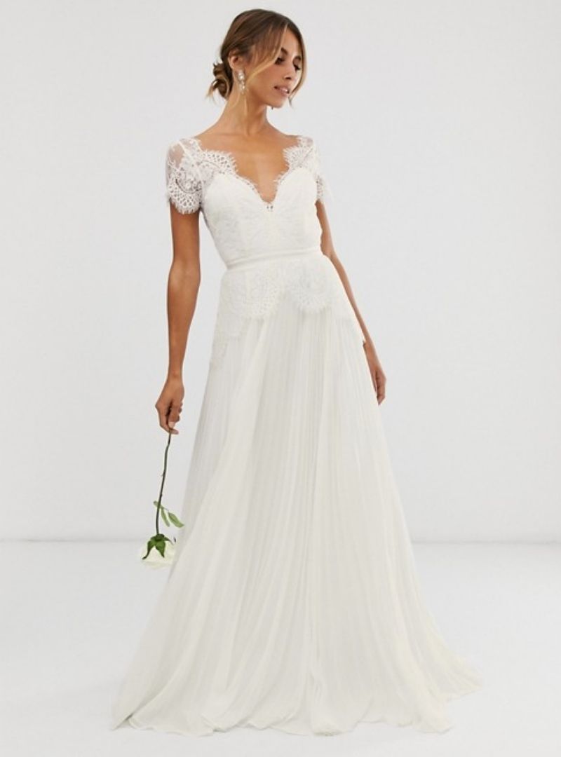 SOPHIA PLUNGE LACE WEDDING DRESS WITH PLEATED SKIRT