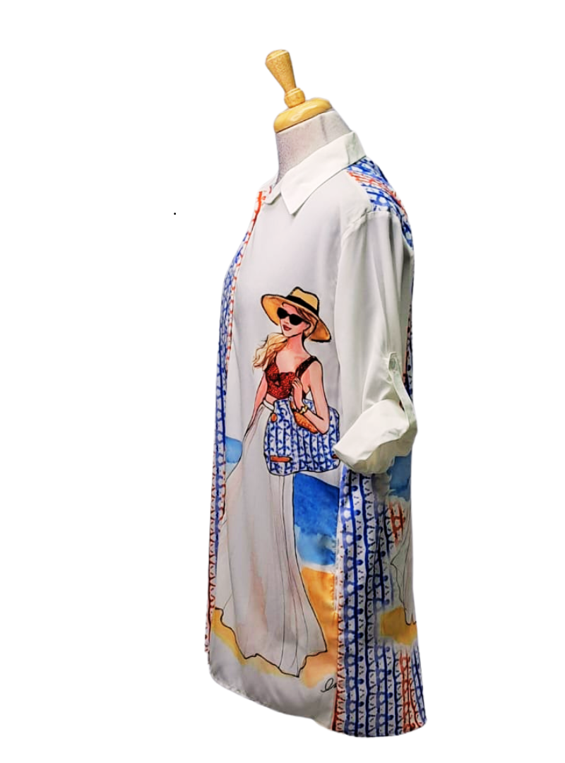 Fulushou Ladies Detailed Buttoned shirt - White/Blue